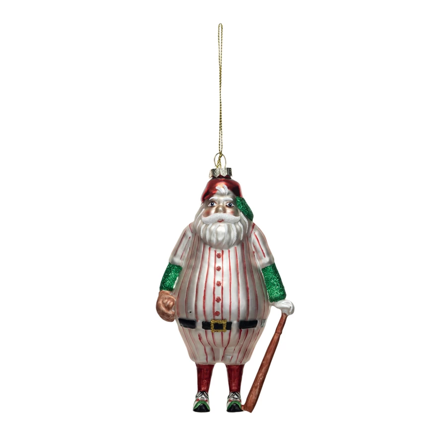 Glass Santa In Baseball Outfit Ornament